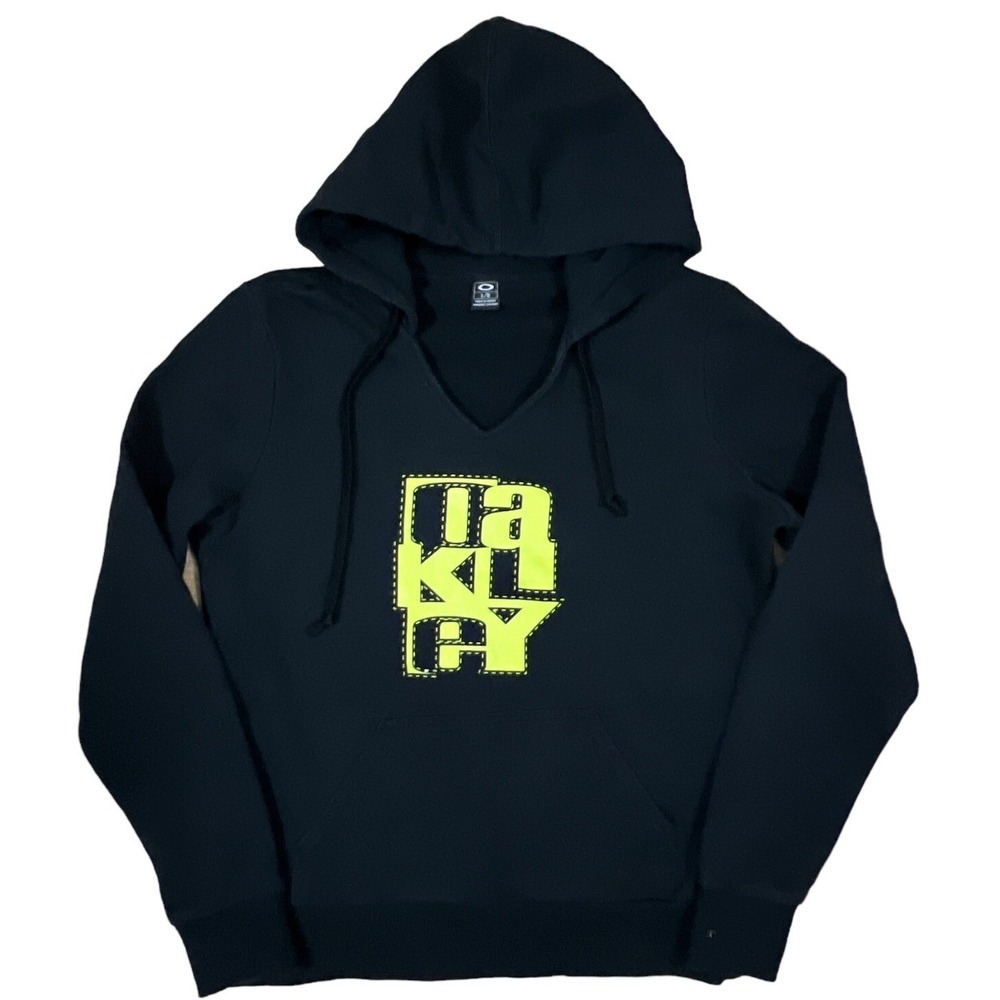 Oakley Women Sweatshirt Large Black Hoodie Logo Pockets Long Sleeve V Neck